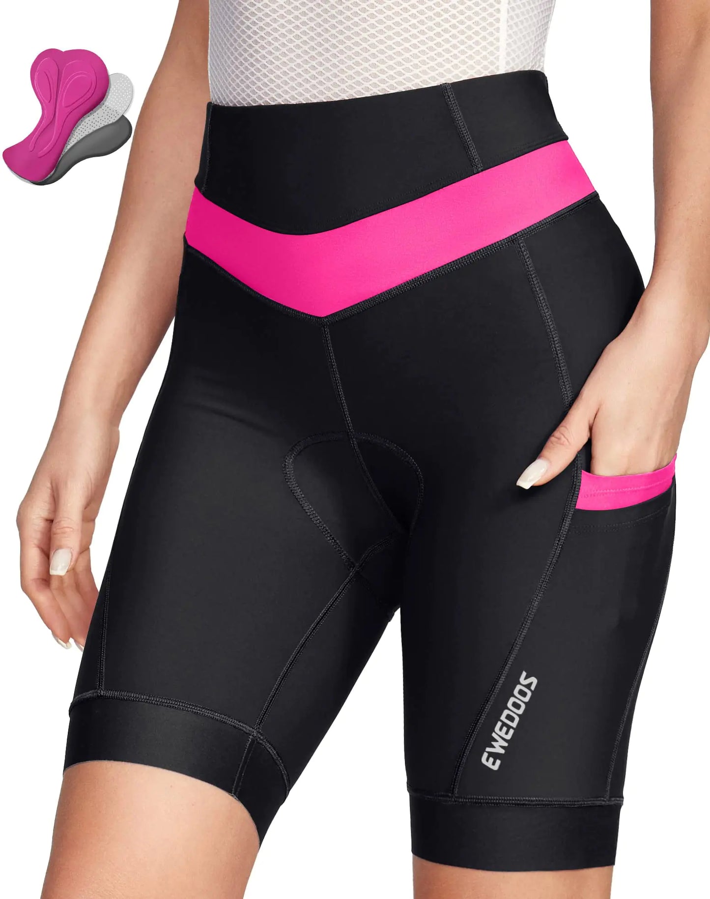 Ewedoos Padded Bike Shorts Women with 4 Pockets 4D Padding Biking Cycling Shorts Women for 3H+ Rides Bicycle Shorts for Women Pink
