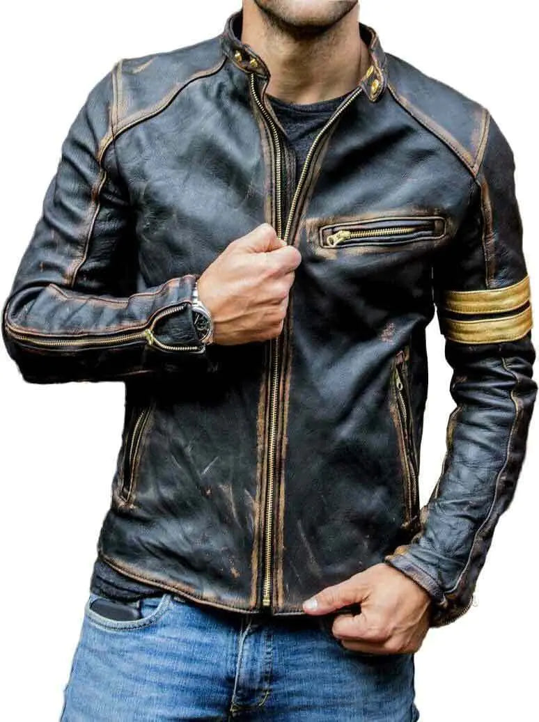 Mens Vintage Cafe Racer Yeloow Stripes Distressed Brown Leather Jacket Motorcycle Vintage Leather Jacket For Men (US Alpha Large Regular Regular)
