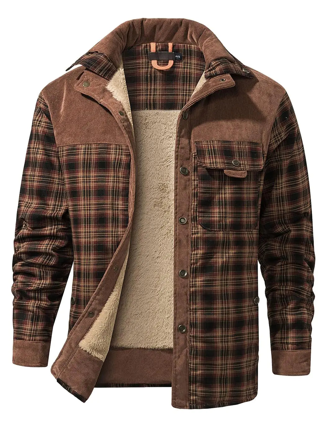 Gihuo Mens Long Sleeve Sherpa Lined Shirts Outdoor Warm Flannel Plaid Jacket Button Down Fleece Coats(LightCoffee-XL)