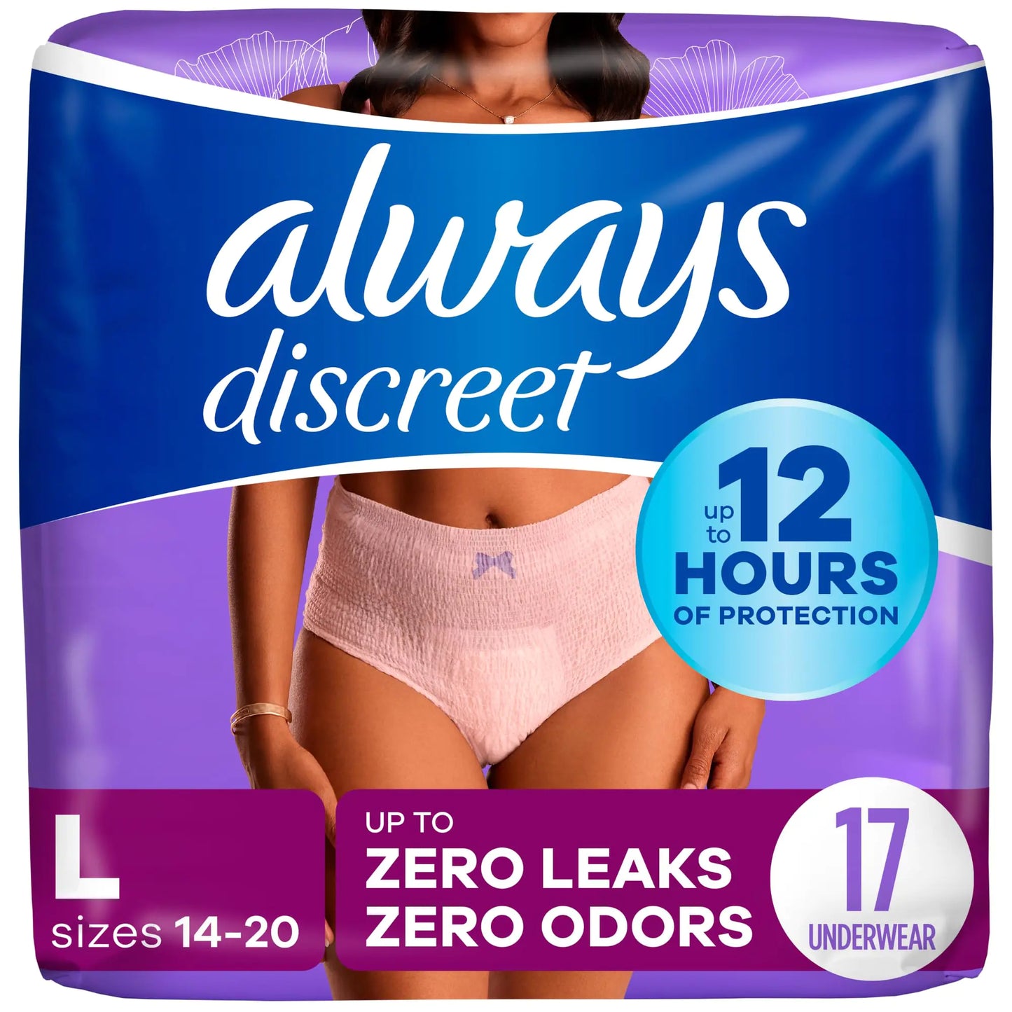 Always Discreet Incontinence & Postpartum Underwear For Women Size Large Maximum Absorbency Disposable Large 17 Count