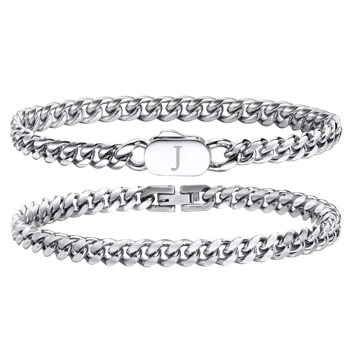 Hisatan Initial Bracelets for Men 2 Pcs A-Z Letter Bracelet Silver Mens Bracelet with Initial Stainless Steel Stylish Non Tarnish Cuban Link Bracelet for Men Jewelry Gifts 8.26"