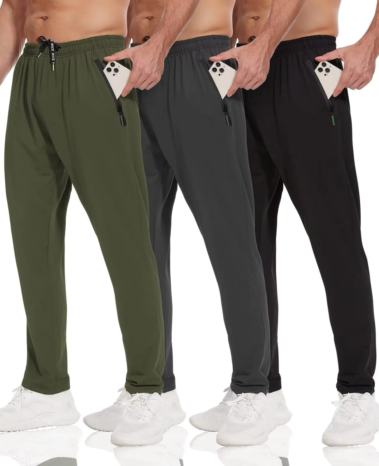 lomsoe 3 Pack Mens Athletic Pants with Zip Pockets Lightweight Sweatpants for Men Joggers Pants Quick Dry Workout Sweat Pants(BlackDark GrayArmy GreenL)