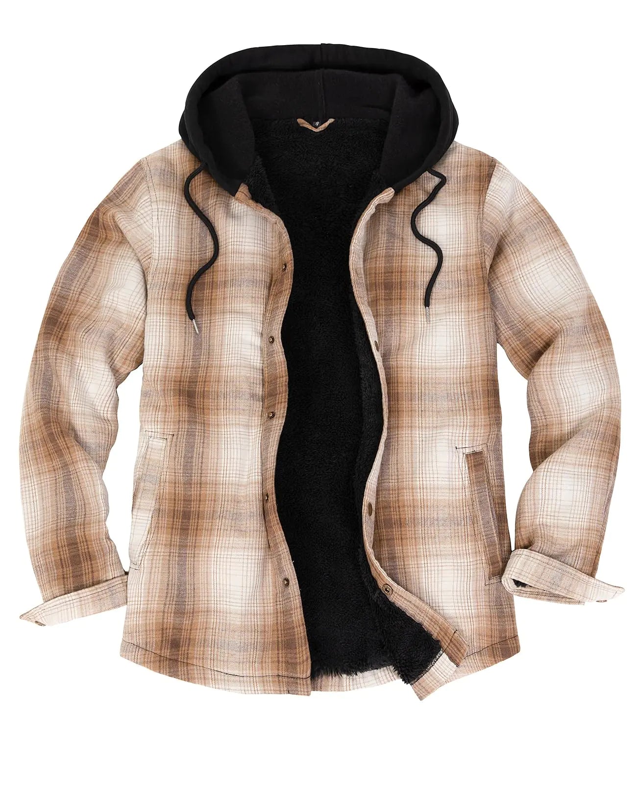 ZENTHACE Mens Sherpa Fleece Lined Flannel Shirt Jacket Long Sleeve Snap Button Down Plaid Jackets Shacket with Hood Camel XL