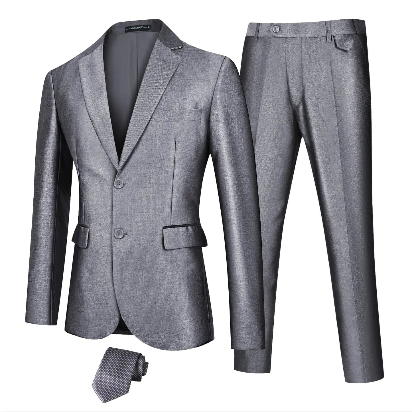 MAGE MALE Mens 2 Piece Solid Suit Two Button Notch Lapel Collar Slim Fit Formal Wedding Prom Tuxedo Party and Pants Silver Gray