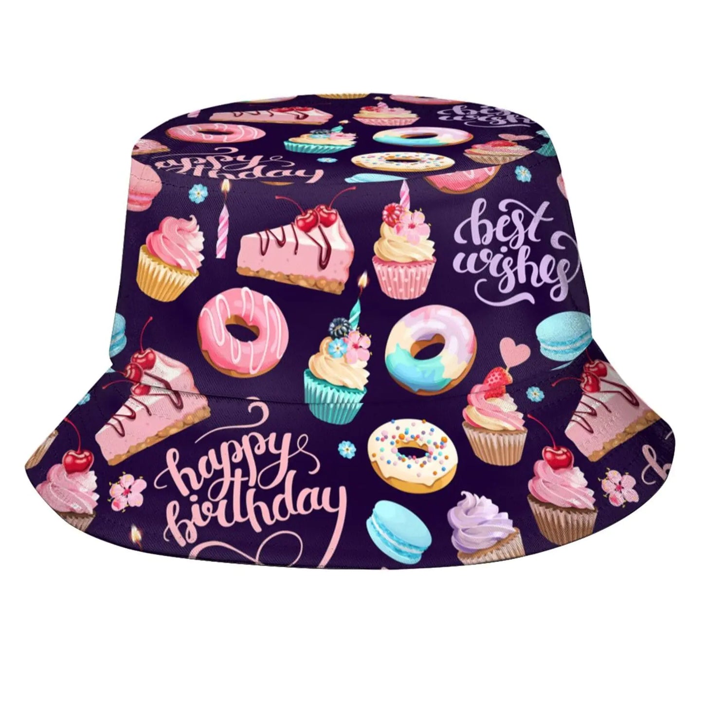 Happy Birthday Cupcake Donut Bucket Hat Packable Breathable Sun Hats for Women Men Teens Unisex Summer Travel Beach Fisherman Cap