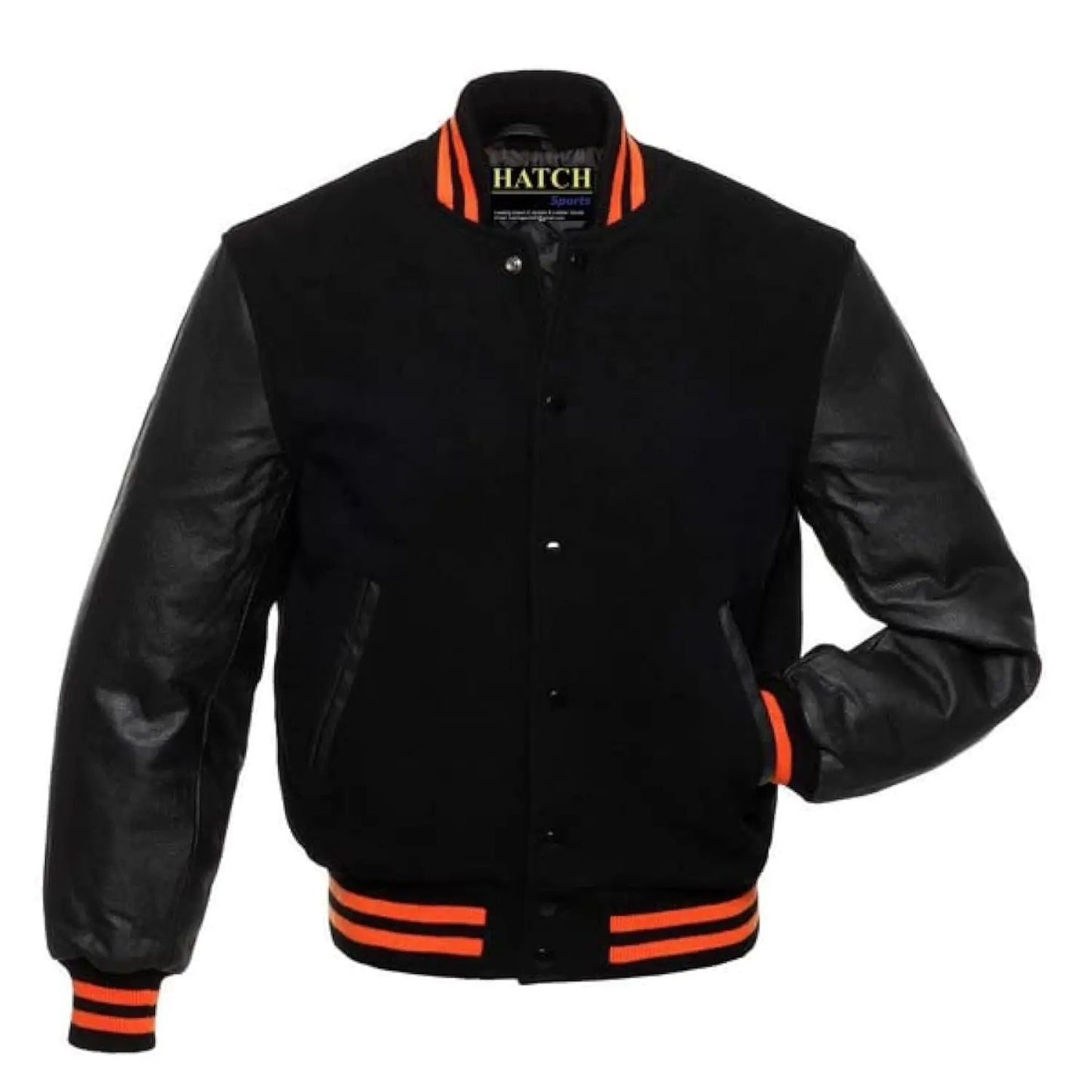 Hatch Sports Mens Varsity Jacket Wool Body Genuine Leather Arms Letterman Jacket College Varsity Jackets (as1 alpha l regular regular All Black (orange trim))