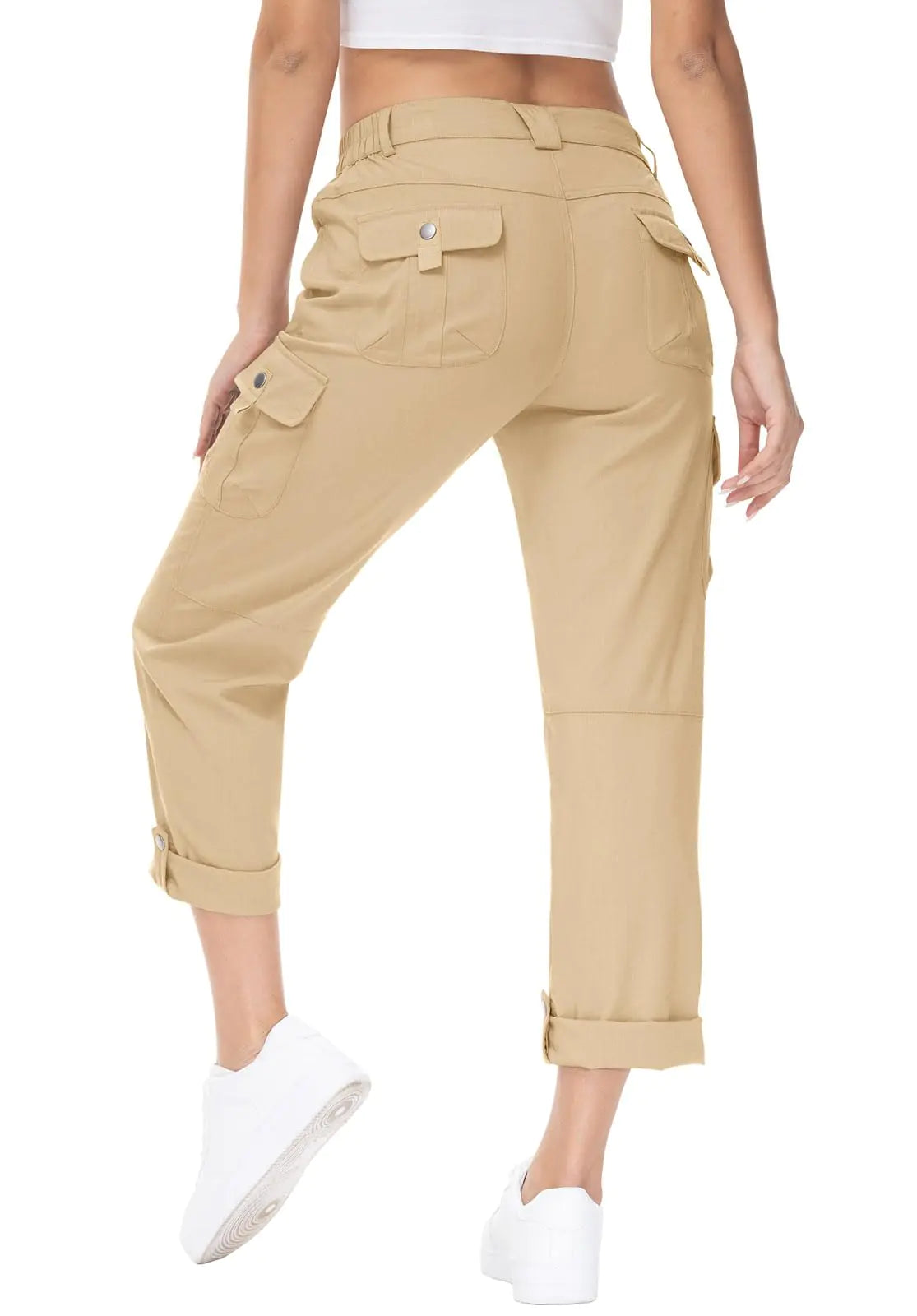 YSENTO Womens Hiking Cargo Pants with Pockets Lightweight Stretchy Bottoms Summer Quick Dry Camping Travel Pants Roll Up Khaki L