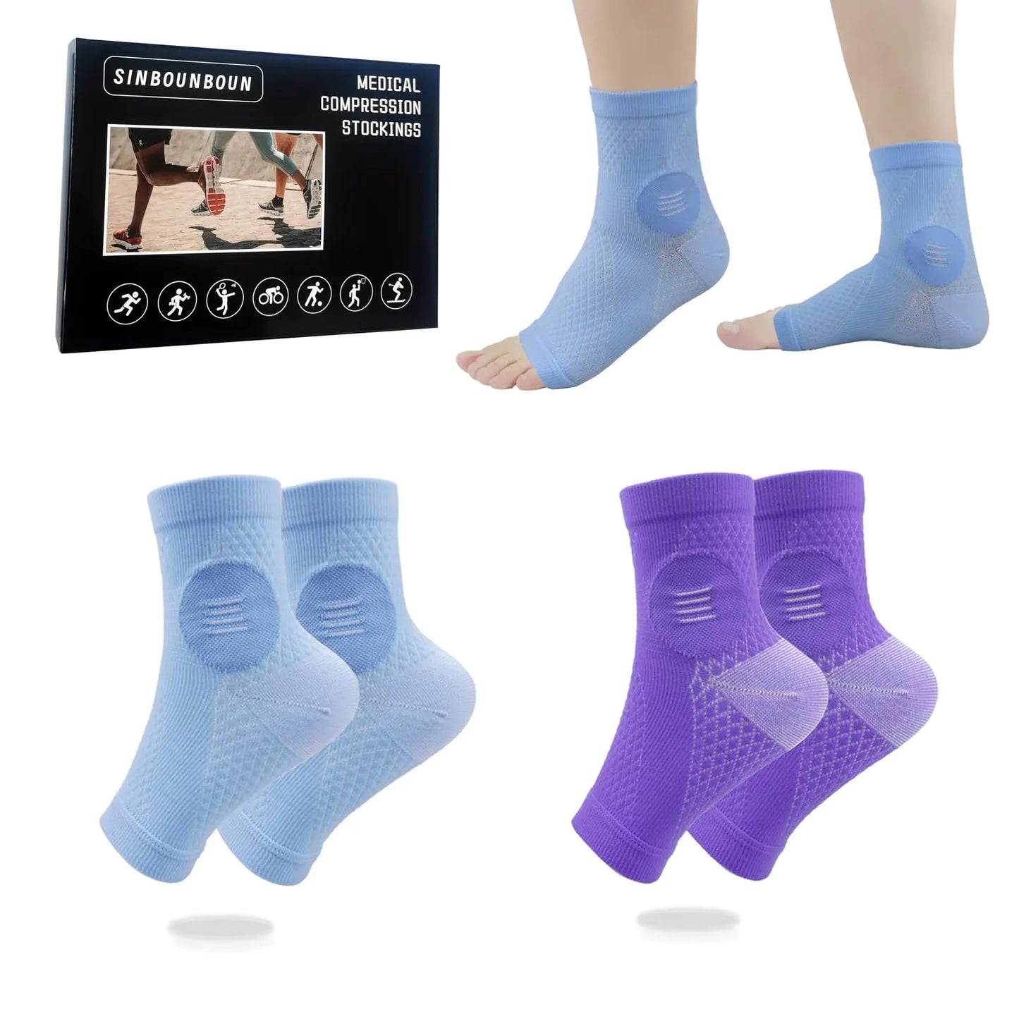 SINBOUNBOUN 2 Pairs Mixed Colors Neuropathy Socks For Women & Men，Nano Neuropathy Socks，Diabetic Open Toe Foot Sleeves Elastic Sock，Compression Socks，Sleep Socks