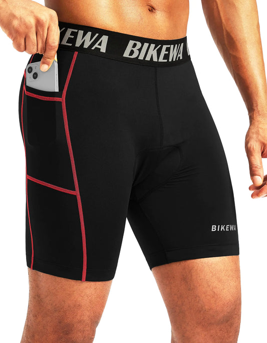 Mens 4D Padded Bike Shorts Cycling Underwear Biking Bicycle Road Riding Cycle Biker Padding Shorts for Men Side Pockets(Black RedL)