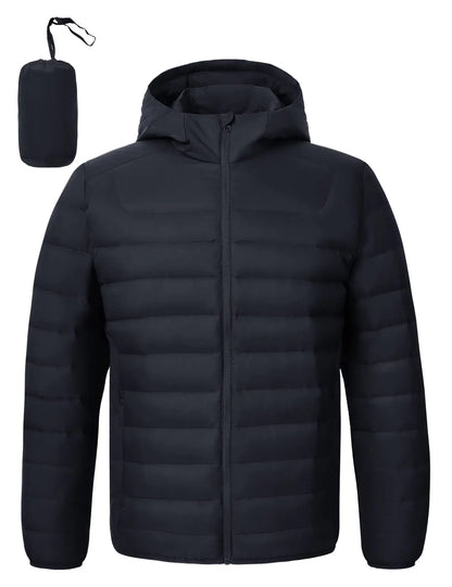 TBMPOY Puffer Jacket Men Packable Lightweight Winter Down Coat Hooded Warm Insulated Puffy Jackets Navy BlueXL