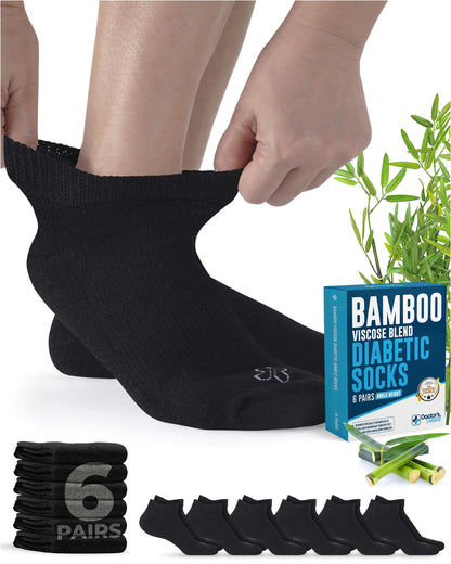 Doctors Select Viscose Bamboo Ankle Diabetic Socks for Women and Men - 6 Pairs | Diabetic Socks for Men 9-12 | Mens Diabetic Socks | Neuropathy Socks for Women | Non Binding Socks | Black