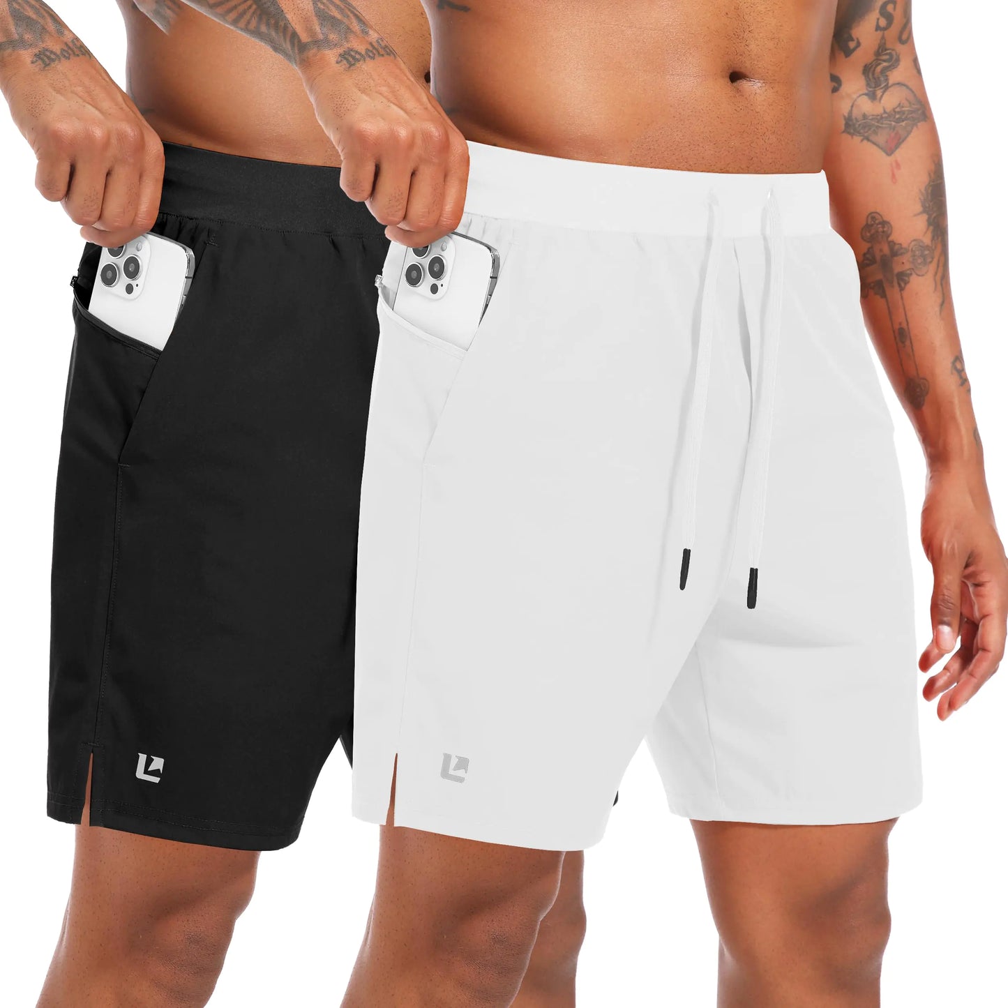 Leidowei 2 Pack Mens Running Shorts with Zipper Pockets 7 Inch Lightweight Quick Dry Gym Athletic Workout Shorts for Men Black/White XXL