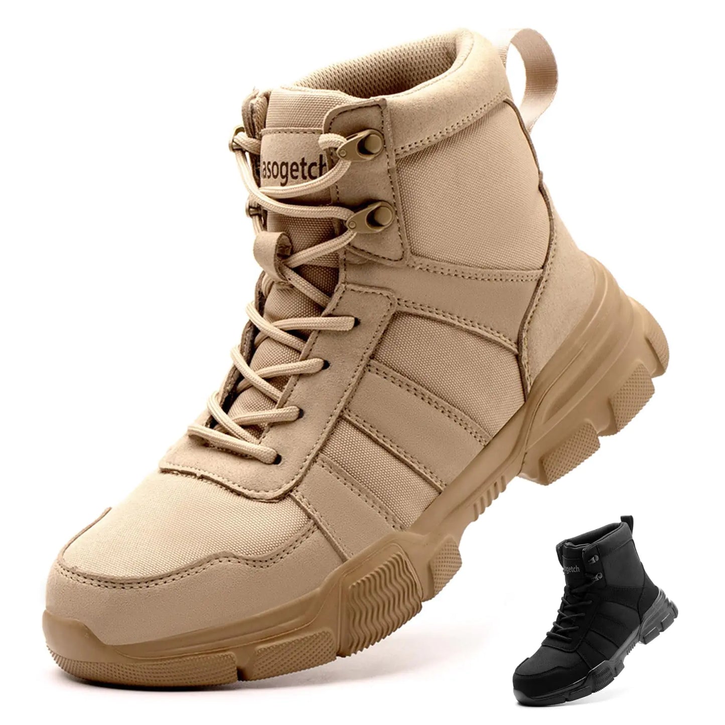 Nasogetch Mens Work Boots Steel toe Boots for Men Women Comfortable Lightweight Indestructible Shoes Non-Slip Construction Boots Safety Beige 11.5 Women/10 Men EU 43