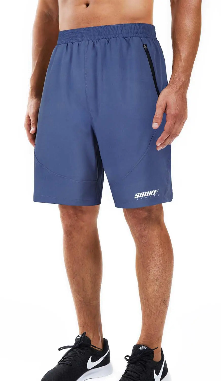 Souke Sports Mens 2 in 1 Workout Running Shorts 7" Quick Dry Gym Athletic Shorts Navy Blue Liner Zipper Pockets