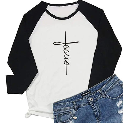 Cross Print Long Sleeve Crew Neck T-Shirt for Women