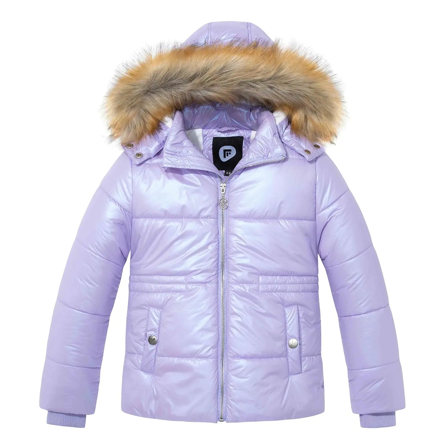 Garemcy Girls Metallic Winter Coat Warm Puffer Jacket Insulated Shiny Down Coat with Detachable Hood with Fur Water-Resistant Outerwear for Kids Purple 5-6 Year