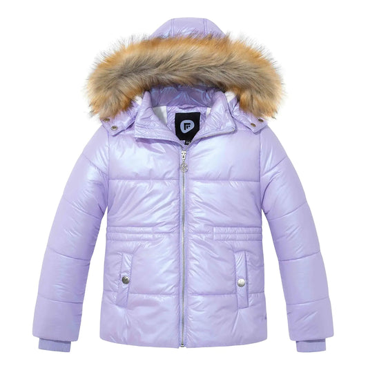 Garemcy Girls Metallic Winter Coat Warm Puffer Jacket Insulated Shiny Down Coat with Detachable Hood with Fur Water-Resistant Outerwear for Kids Purple 5-6 Year