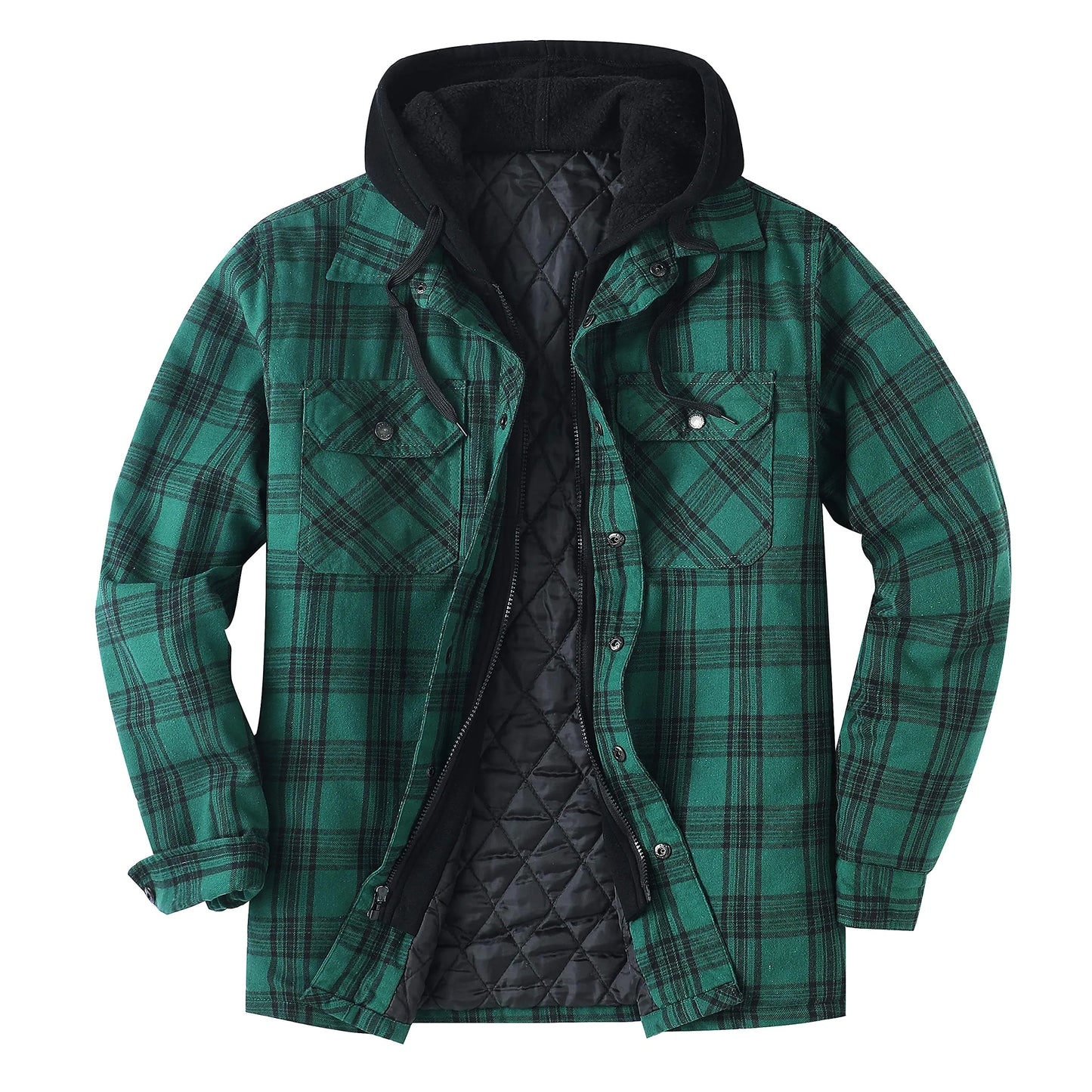 ZENTHACE Mens Hooded Flannel Shirt Jacket Quilted Lined Plaid Flannel Jackets for Men Green XXL