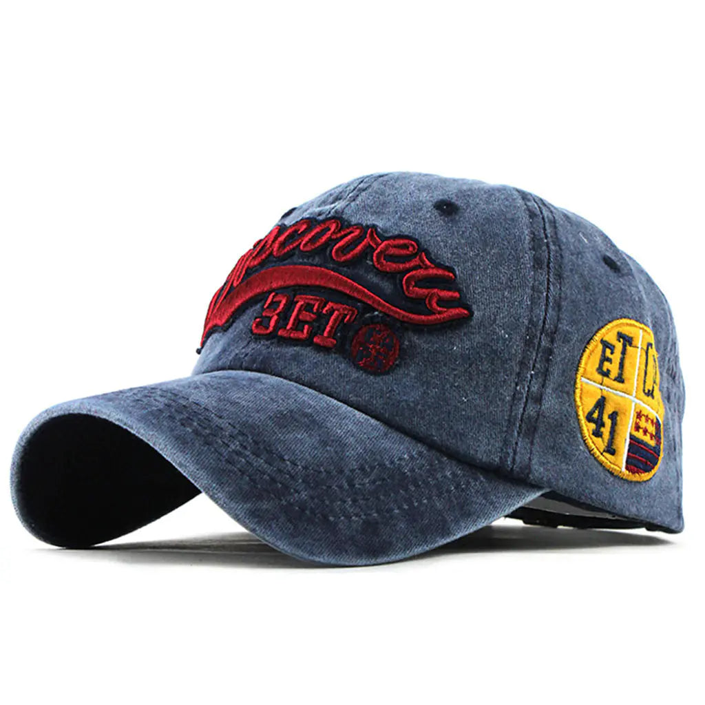 Washed Denim Baseball Cap with Embroidered Letters