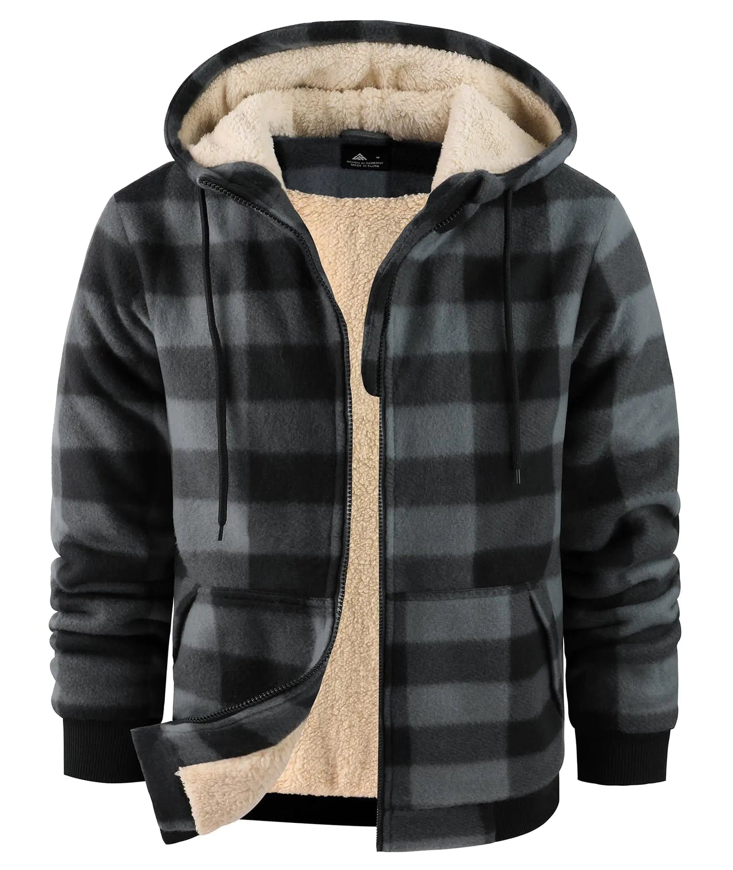 ZITY Heavy Hoodies for Men Plaid Flannel Jacket Warm Sherpa Fleece Lined Coat Winter Full Zip Up Sweatshirt Dark Grey 3X-Large