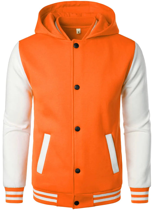 HOOD CREW Mens Casual Sports Varsity Jacket Fashion Hooded Letterman Jackets Orange S