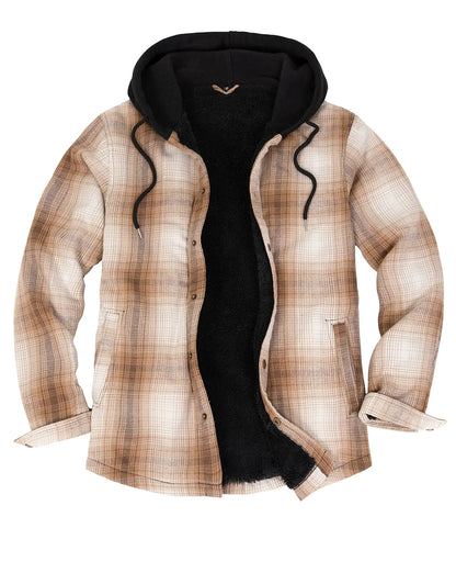 ZENTHACE Mens Sherpa Fleece Lined Flannel Shirt Jacket Long Sleeve Snap Button Down Plaid Jackets Shacket with Hood Camel XL