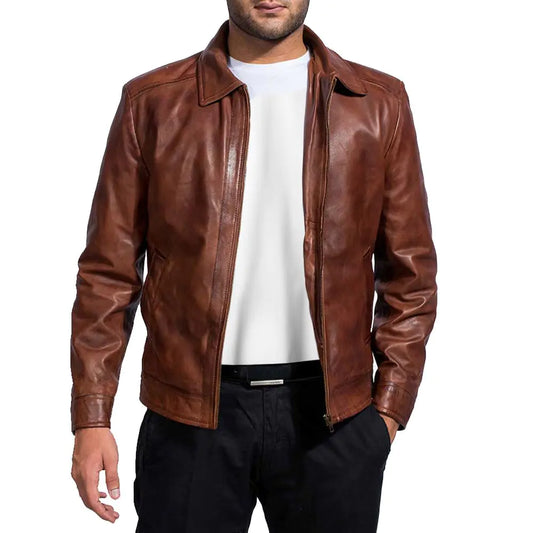 Mens Leather Jacket - Real Lambskin Classic Vintage Style Leather Jackets For Men Brown Leather Jacket for Mens (US Alpha 3X-Large Regular Regular Brown)