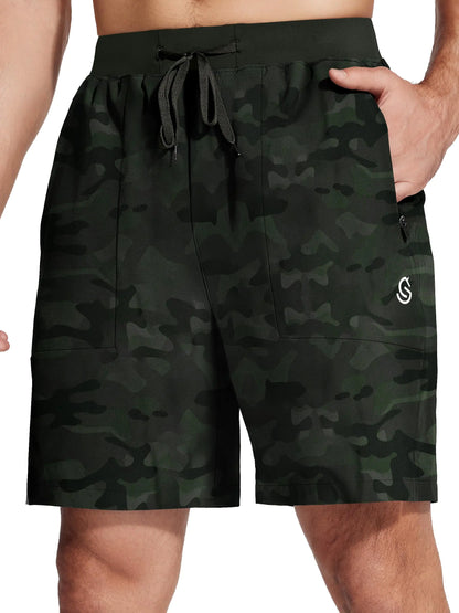 ISEEGZ Mens Athletic Workout Gym Shorts 7 Inch Inseam Running Sweat Sport Shorts for Men with Zipper Pockets Camo Green