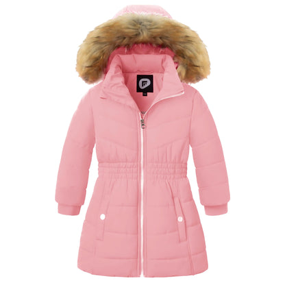 Garemcy Girls Winter Long Warm Coat Waterproof Sherpa Lined Parka Jacket With Detachable Hood & Fur Pink 5-6Y