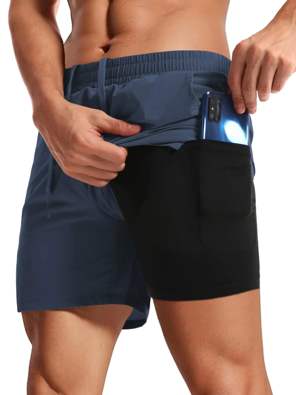 Aolesy Mens Workout Shorts with Liner 5 Inch Quick Dry 2 in 1 Running Shorts for Men Sports Athletic Gym Shorts with Zipper Pockets Navy Blue