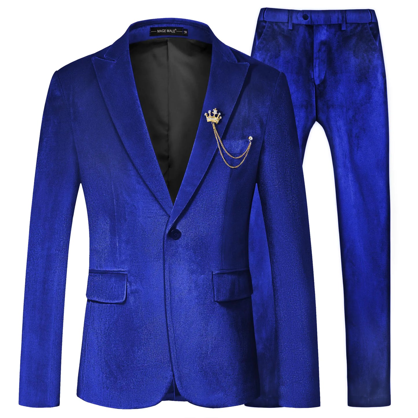 MAGE MALE Mens 2 Piece Velvet Suit One Button Tuxedo Slim Fit Luxurious Blazer Party Dinner Jacket & Pants Royal Blue