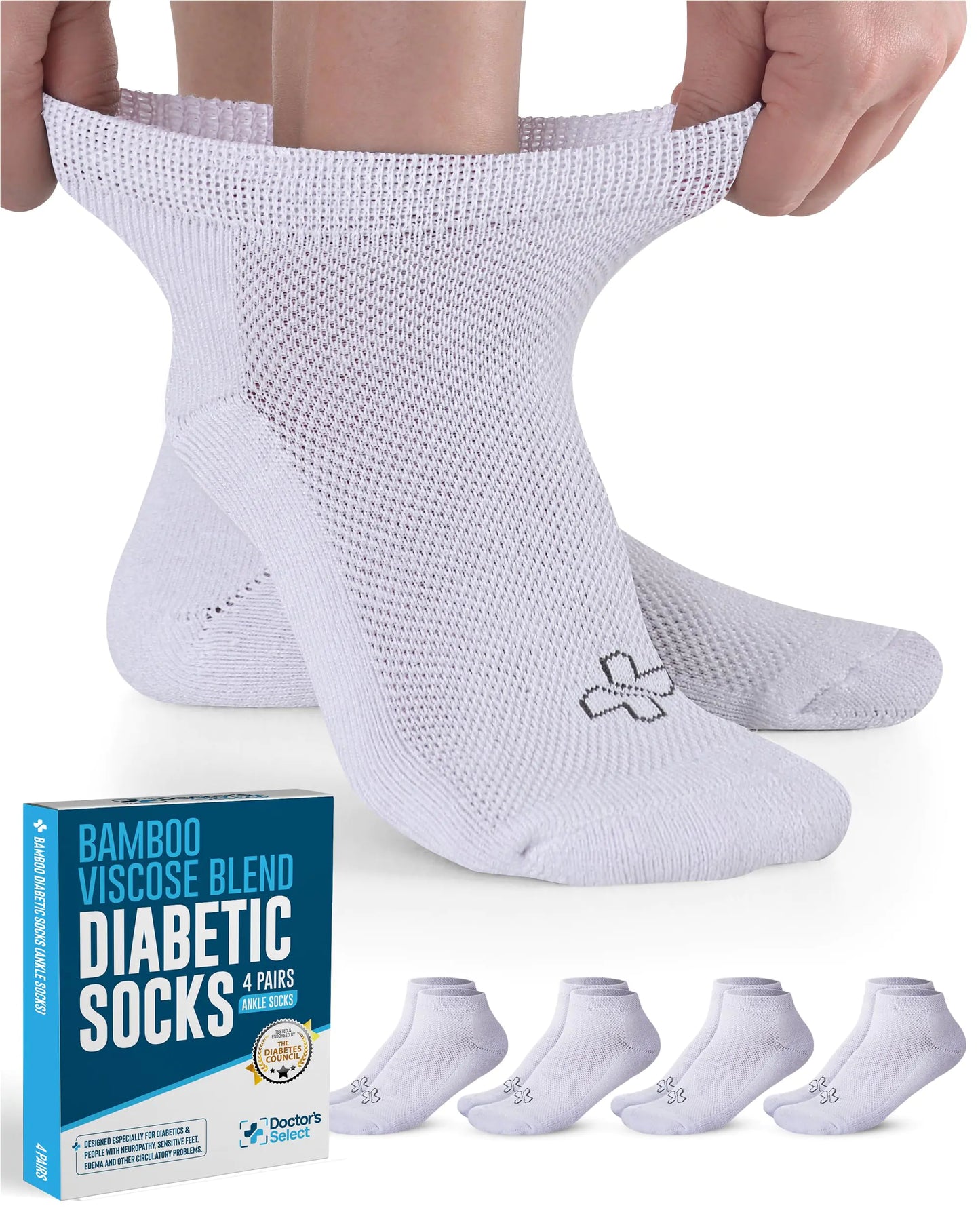Doctors Select Ankle Bamboo Viscose Diabetic Socks for Women & Men - 4 Pairs | White Neuropathy Socks for Women | Socks Woman | Moisture Wicking Diabetic Socks Women 9-12