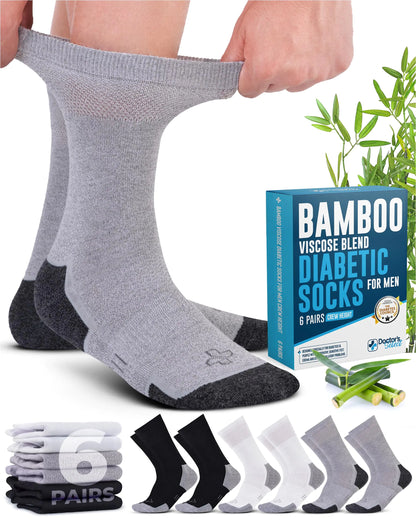 Doctors Select Bamboo Viscose Diabetic Socks for Men - 6 Pairs Crew Mens Diabetic Socks | Moisture Wicking Diabetic Neuropathy Socks for Men | Socks for Diabetics Men | Black White Grey