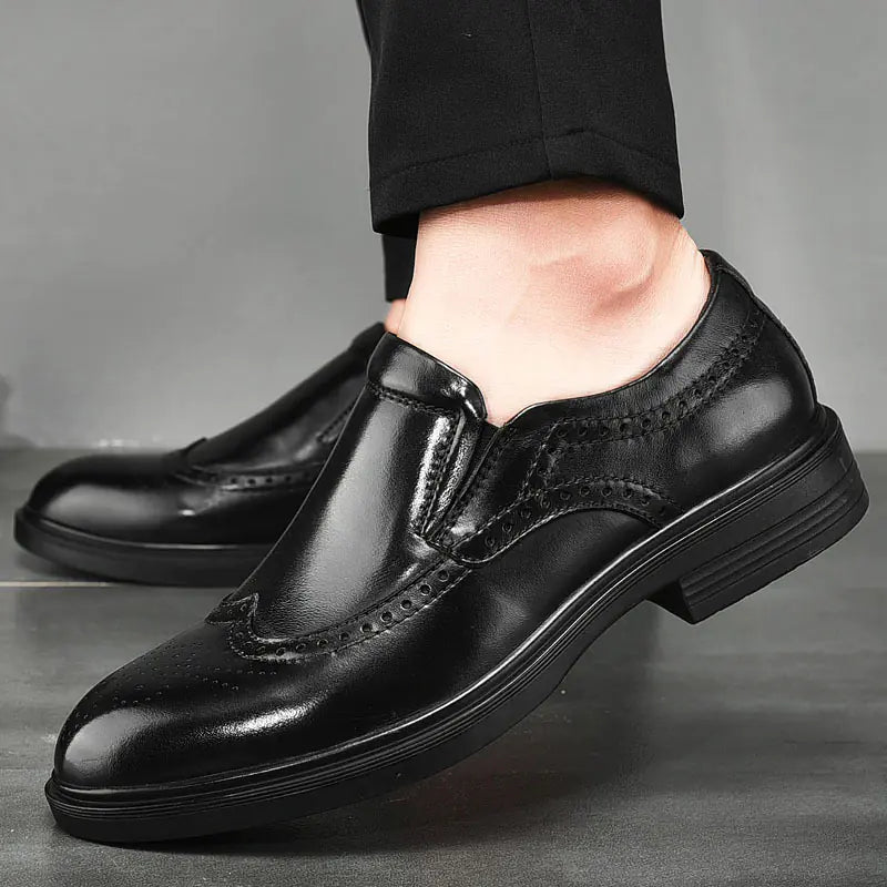 Men's Casual Business Brogue Shoes - Black Leather