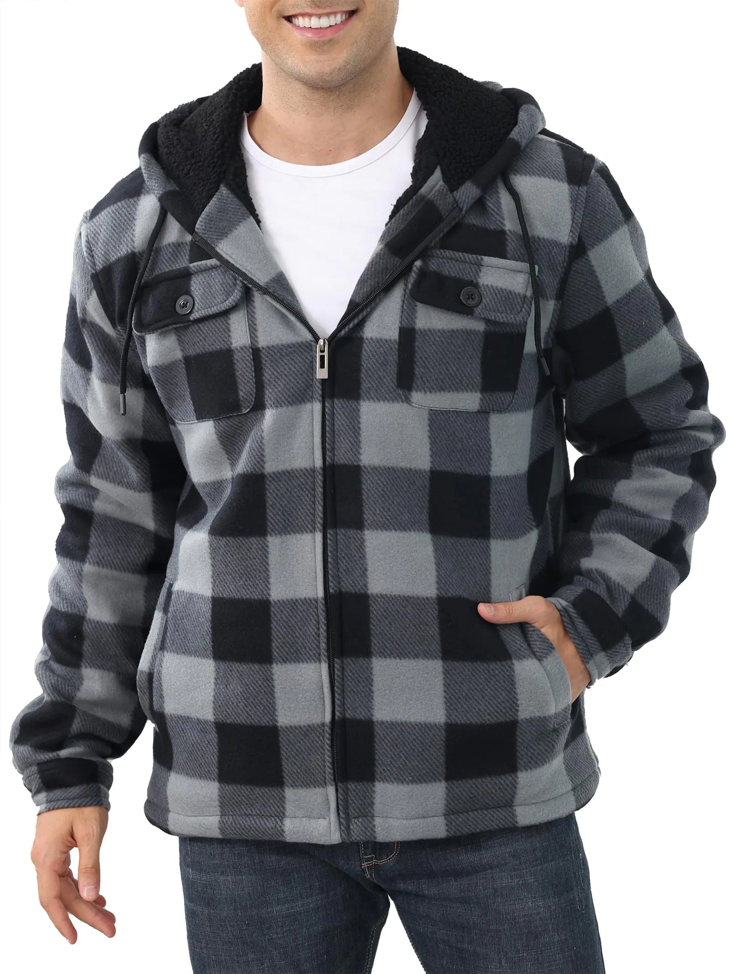 Mens Flannel Shirt Jacket Fleece Sherpa Lined Plaid Jackets Warm Thick Coat Full Zip Up Hoodie Winter Outwear