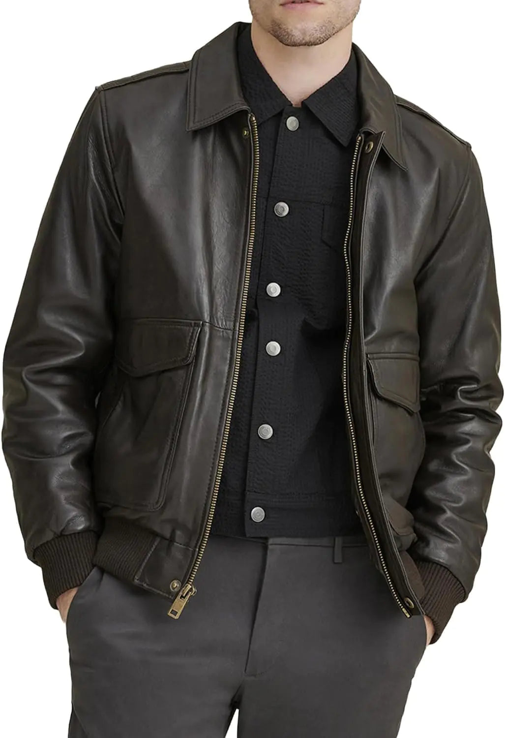 Mens Classic A2 Aviator WWII Flying Tiger Leather Jacket - Pilot Bomber Leather Jacket With Shirt Collar For Men (US Alpha X-Large Regular Regular Brown)