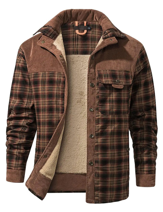 Gihuo Mens Long Sleeve Sherpa Lined Shirts Outdoor Warm Flannel Plaid Jacket Button Down Fleece Coats(LightCoffee-XL)