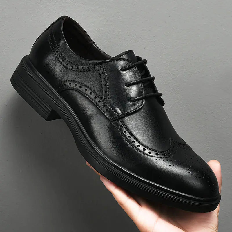 Men's Casual Business Brogue Shoes - Black Leather