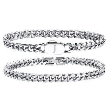 Hisatan Initial Bracelets for Men 2 Pcs A-Z Letter Bracelet Silver Mens Bracelet with Initial Stainless Steel Stylish Non Tarnish Cuban Link Bracelet for Men Jewelry Gifts 8.26"