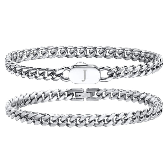Hisatan Initial Bracelets for Men 2 Pcs A-Z Letter Bracelet Silver Mens Bracelet with Initial Stainless Steel Stylish Non Tarnish Cuban Link Bracelet for Men Jewelry Gifts 8.26"