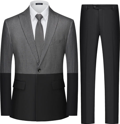 MAGE MALE Mens Suits Slim Fit Pinstripe 2 Piece Tuxedo Suit Set One Button Wedding Party Business Blazer Pants with Tie