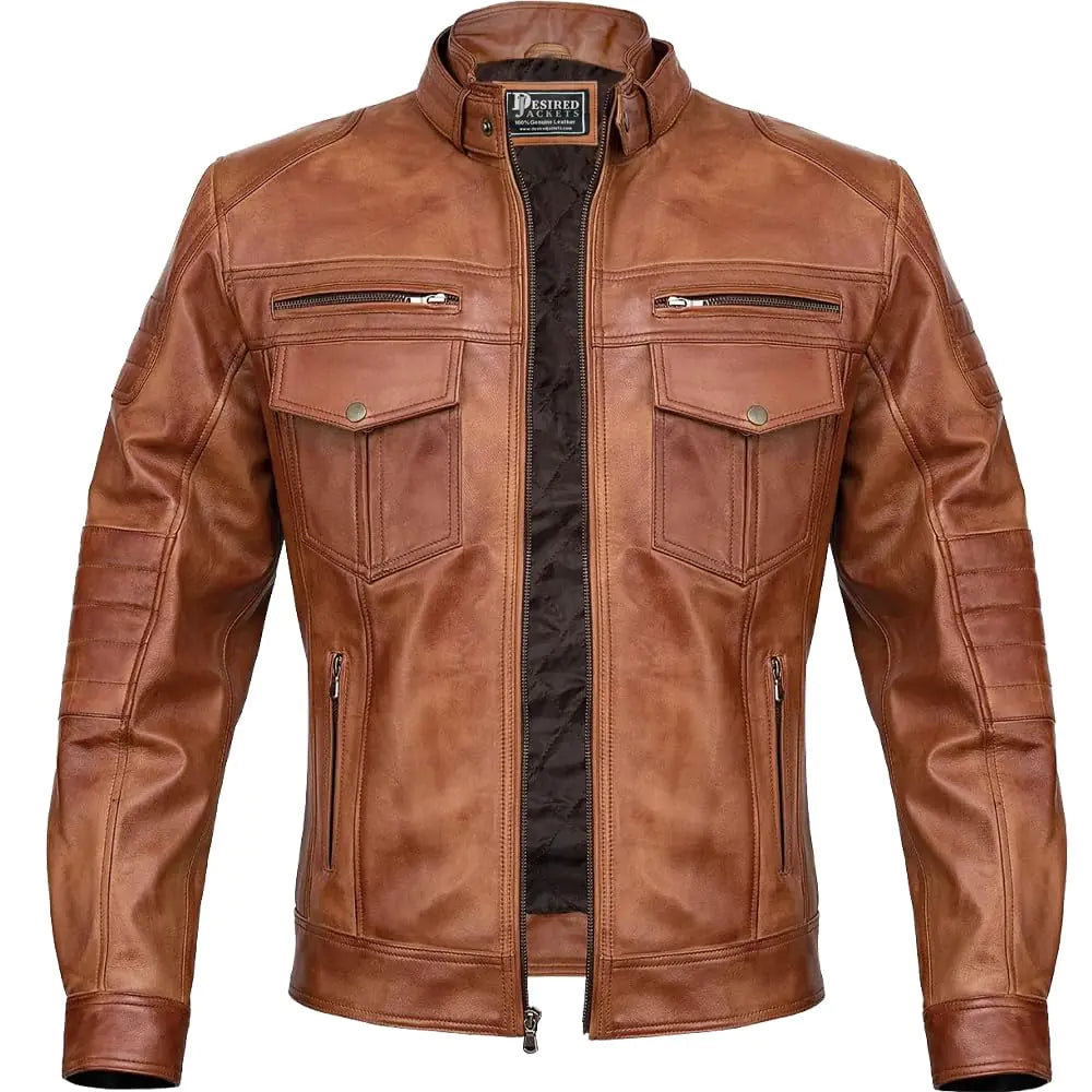 Men Cafe Racer Motorcycle Style Solid Color Leather Jacket Slim Fit Motorcycle Brown Leather Jacket Moto Rider Cafe Racer (as1 alpha m regular regular Brown Leather Jacket)