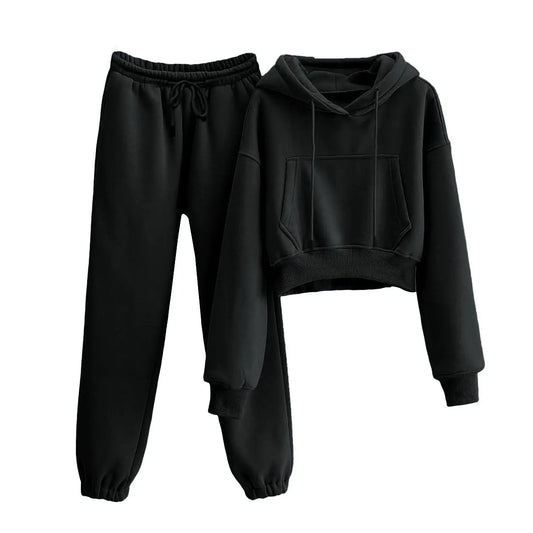 RIATOUR Womens Fleece 2 Piece Outfits Sweatsuit Lounge Hoodie Set Crop Pullover Sweatshirt with Joggers Sweatpants (Black-XL)