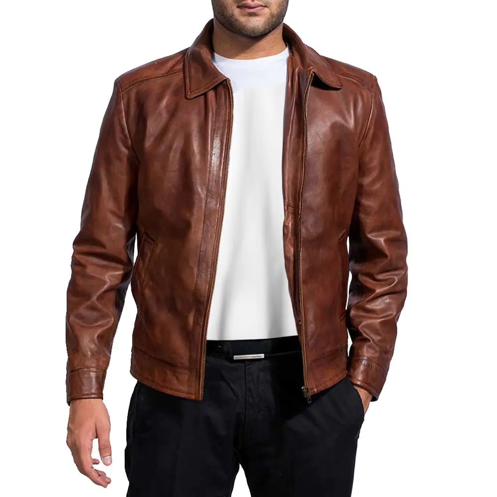 Mens Leather Jacket - Real Lambskin Classic Vintage Style Leather Jackets For Men Brown Leather Jacket for Mens (US Alpha 3X-Large Regular Regular Brown)