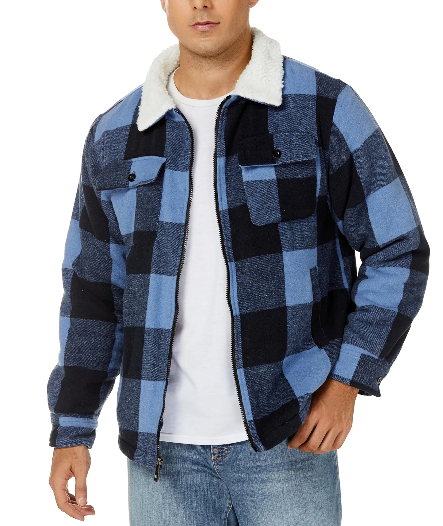 ZITY Mens Flannel Jacket Lapel Full Zip Up Fleece Plaid Sherpa Lined Coat Winter Outdoor Warm Sweatshirt with Pockets