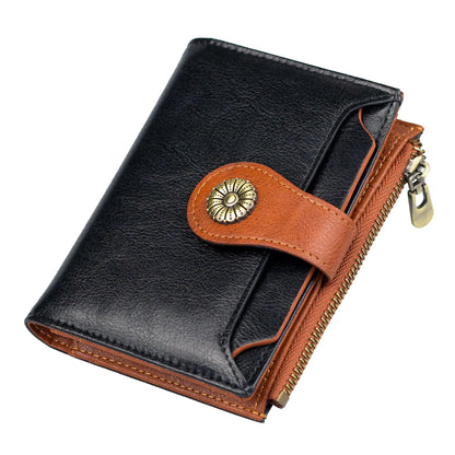VEESKYEE Small Wallets Woman Leather Bifold Credit Card Holder RFID Blocking with Zipper Coin Pocket Removable ID Window Black Brown